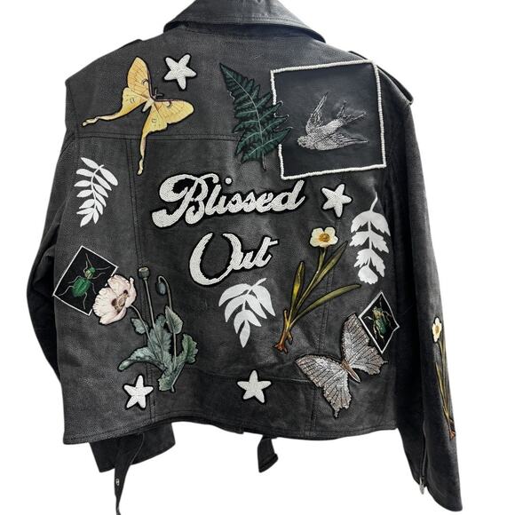 Free People Denim & Bone Patchwork Moto Leather Jacket Size XL - Picture 5 of 8